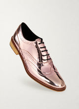 Baby pink metallic brogue shoes, front three-quarter view - Luke Grant-Muller