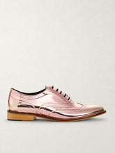 Baby pink metallic brogue shoes, side view - Luke Grant-Muller