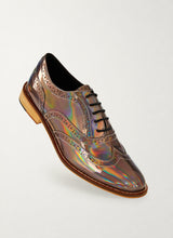 Holographic iridescent brogue shoes, front three-quarter view - Luke Grant-Muller