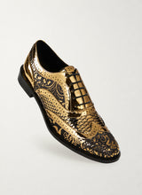 Kama Shoetra gold and black laser etched brogue shoes, front three-quarter view - Luke Grant-Muller