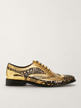 Kama Shoetra gold and black laser etched brogue shoes, side view - Luke Grant-Muller