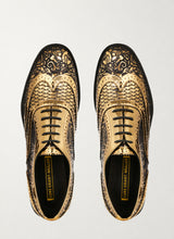 Kama Shoetra gold and black laser etched brogue shoes, top view - Luke Grant-Muller