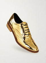 Mirror finish gold metallic brogue shoes, front three-quarter view - Luke Grant-Muller
