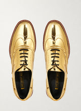 Mirror finish gold metallic brogue shoes, top view - Luke Grant-Muller