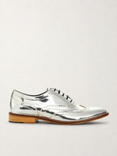 Mirror finish silver metallic brogue shoes, side view - Luke Grant-Muller