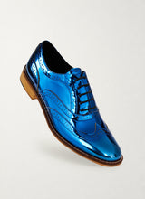 Navy blue metallic brogue shoes, front three-quarter view - Luke Grant-Muller