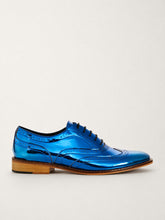 Navy blue metallic brogue shoes, side view - Luke Grant-Muller