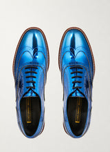 Navy blue metallic brogue shoes, top view - Luke Grant-Muller