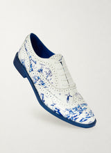 Porcelain blue and white printed brogue shoes, front three-quarter view - Luke Grant-Muller