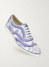 Qinghua porcelain blue and white patent brogue shoes, front three-quarter view - Luke Grant-Muller