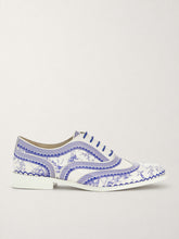 Qinghua porcelain blue and white patent brogue shoes, side view - Luke Grant-Muller