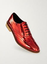 Red metallic brogue shoes, front three-quarter view - Luke Grant-Muller