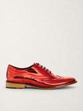 Red metallic brogue shoes, side view - Luke Grant-Muller