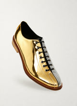 The Dude two-tone silver and gold bowling shoes, front three-quarter view - Luke Grant-Muller