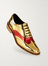 Two-tone red vamp and gold brogue shoes, front three-quarter view - Luke Grant-Muller