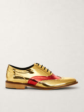 Two-tone red vamp and gold brogue shoes, side view - Luke Grant-Muller