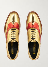 Two-tone red vamp and gold brogue shoes, top view - Luke Grant-Muller
