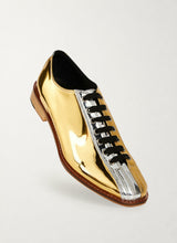 Two-tone silver and gold bowling shoes, front three-quarter view - Luke Grant-Muller