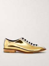 Two-tone silver and gold bowling shoes, side view - Luke Grant-Muller