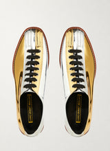 Two-tone silver and gold bowling shoes, top view - Luke Grant-Muller