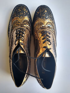 Ladies 11 Gents 10 US | 9 UK | 43 EU Kama Shoetra Gold and Black Laser etched Brogue Shoes (SAMP7)