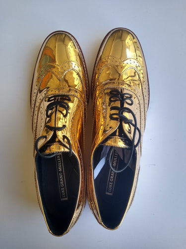 Ladies 13 Gents 12 US | 11 UK | 45/46 EU Mirror Finish Gold Metallic Brogue Shoes (SAMP8)