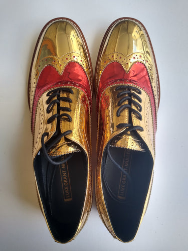 Ladies 11 Gents 10 US | 9 UK | 43 EU Two-Tone Red Vamp Gold Brogue Shoes (SAMP13)