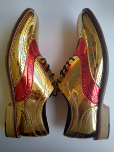 Ladies 11 Gents 10 US | 9 UK | 43 EU Two-Tone Red Vamp Gold Brogue Shoes (SAMP13)