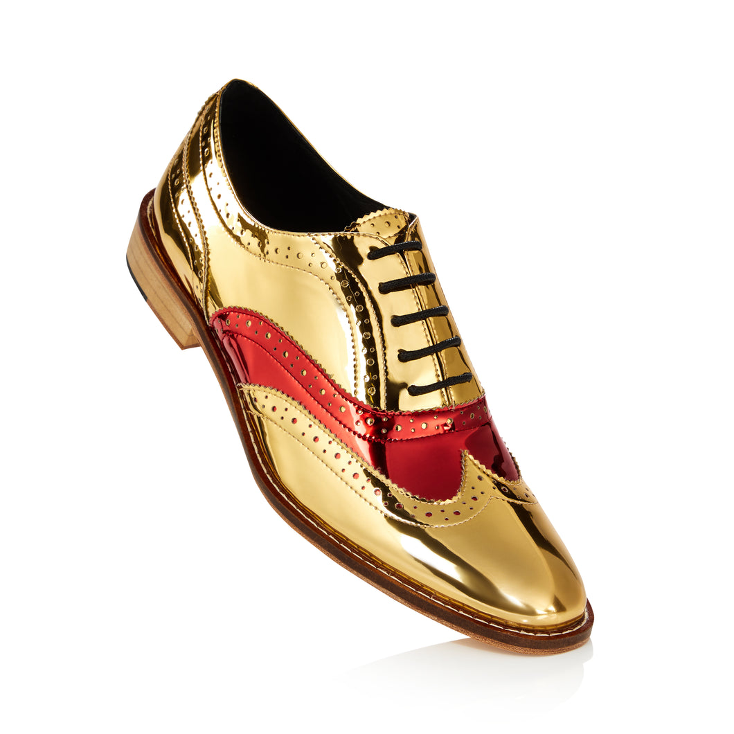 Two-Tone Red Vamp Gold Brogue Shoes