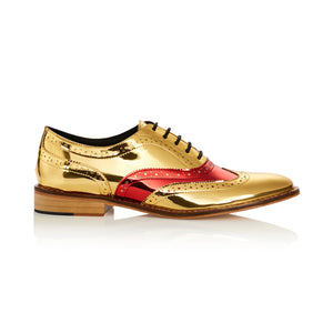 Two-Tone Red Vamp Gold Brogue Shoes