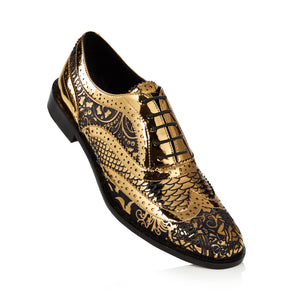 Kama Shoetra Laser Etched Gold and Black Brogue Shoes