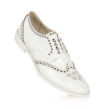 Patent White Wingtip Derby Shoes with Black Brogueing