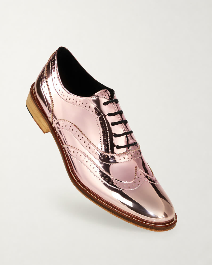 Baby Pink Metallic Brogues diagonal product view - Luke Grant-Muller