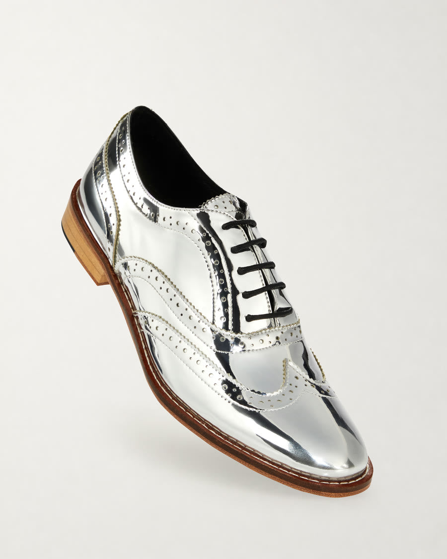 Mirror Finish Silver Brogue Shoes diagonal product view - Luke Grant-Muller