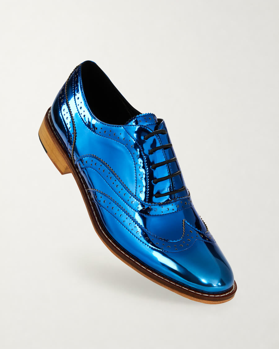 Navy Blue Metallic Brogue Shoes diagonal product view - Luke Grant-Muller