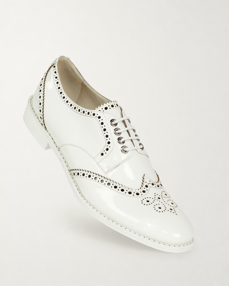 Patent White Wingtip Derby Shoes with Black Brogueing diagonal product view - Luke Grant-Muller