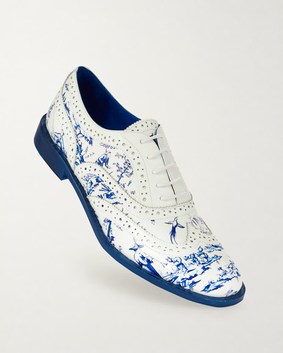 Porcelain Blue and White Brogue Shoes diagonal product view - Luke Grant-Muller