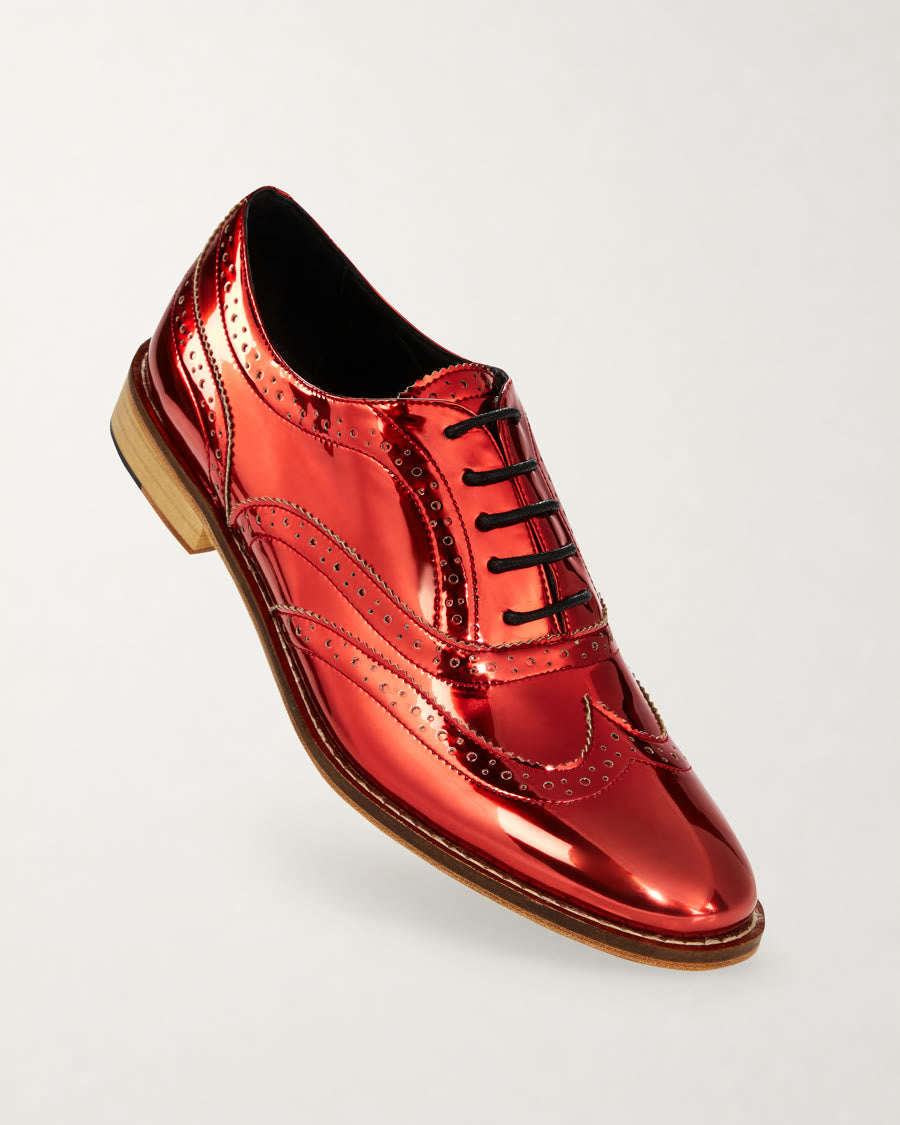Red Metallic Brogue Shoes diagonal product view - Luke Grant-Muller