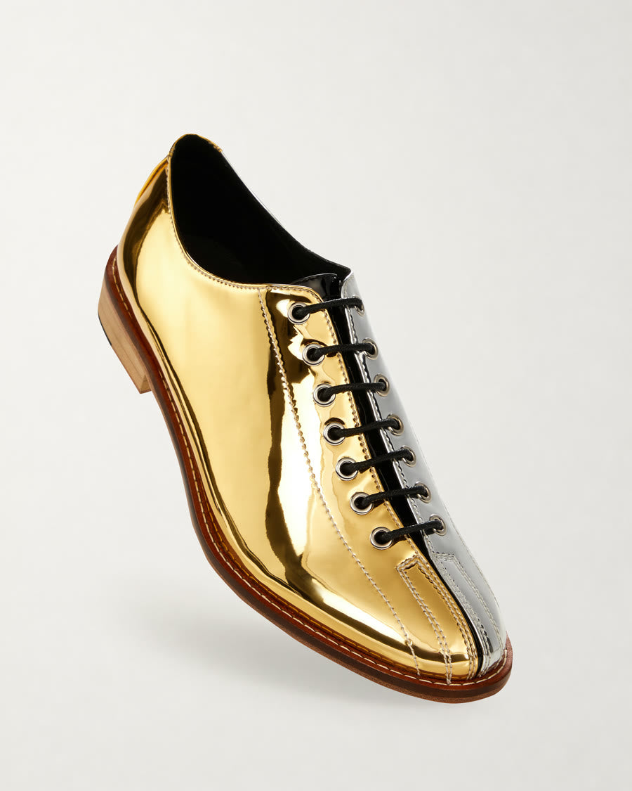 The Dude Two-Tone Silver and Gold Bowling Shoes diagonal product view - Luke Grant-Muller