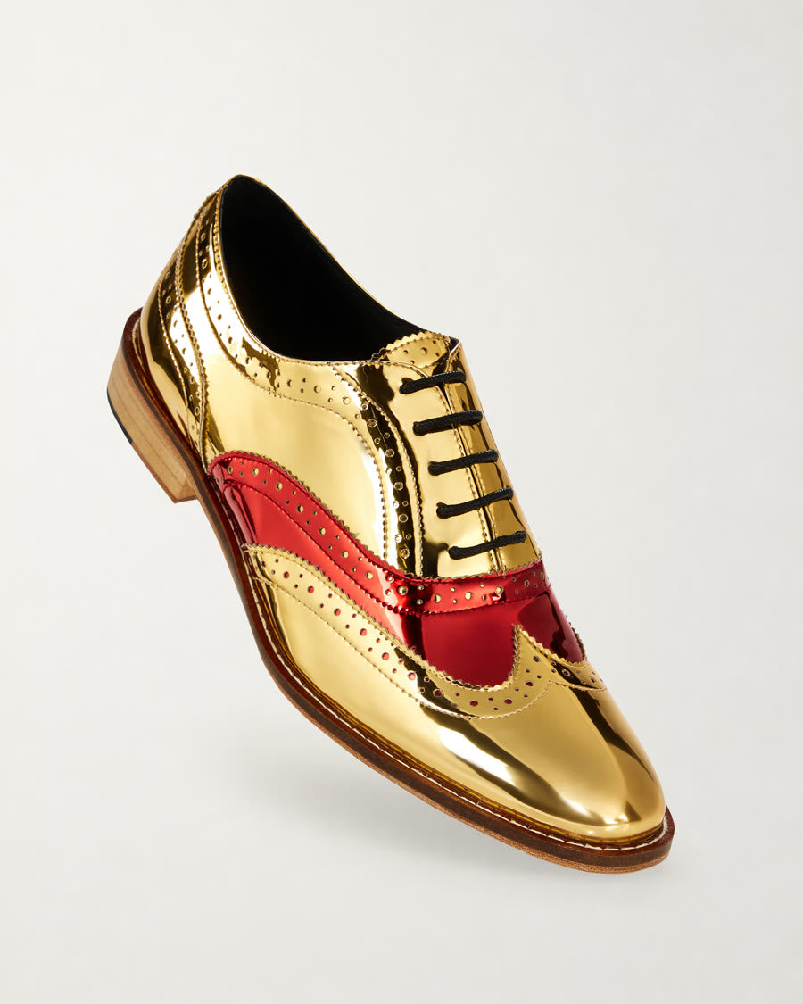 Two-Tone Red Vamp Gold Brogue Shoes diagonal product view - Luke Grant-Muller