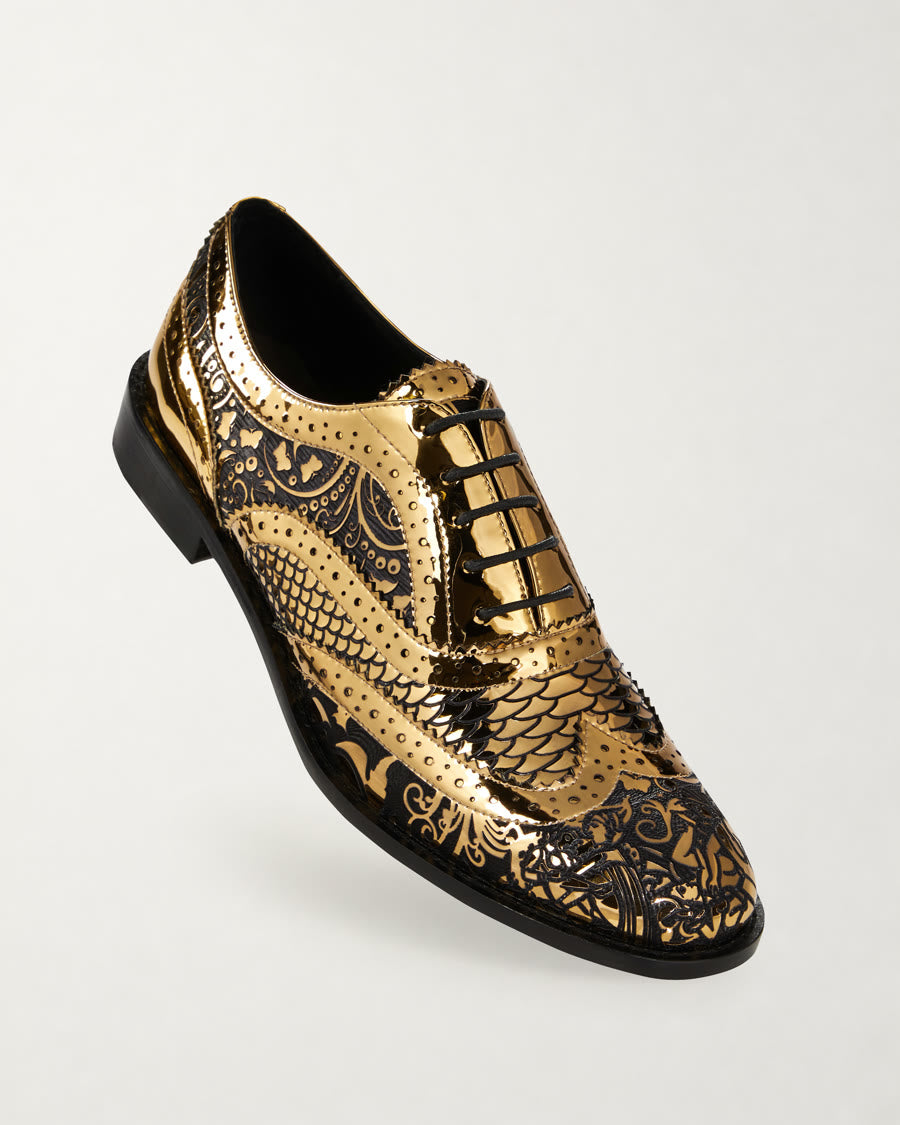 Kama Shoetra Gold and Black Laser etched Brogue Shoes diagonal product view - Luke Grant-Muller