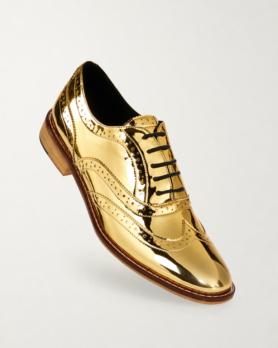 Mirror Finish Gold Metallic Brogue Shoes diagonal product view - Luke Grant-Muller
