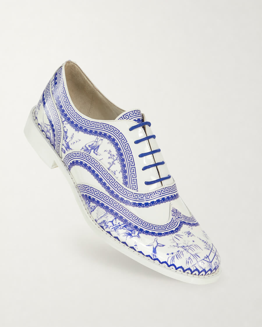 Qinghua Porcelain Blue and White Patent Brogue Shoes diagonal product view - Luke Grant-Muller